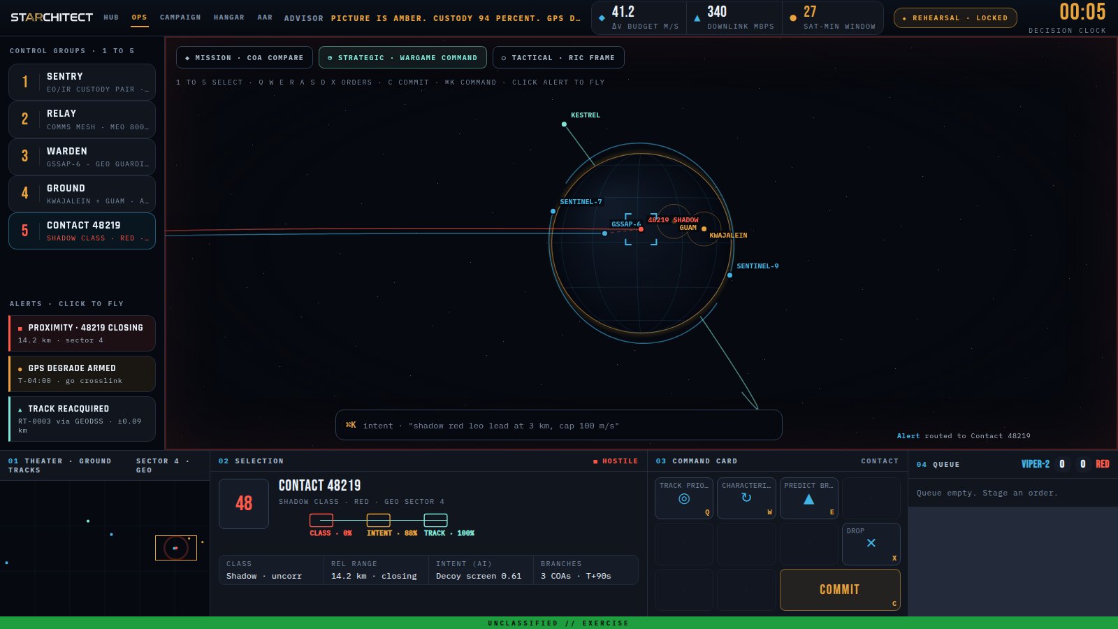 A lethal proximity alert fires: the theater edge pulses red once, the minimap pings the contact, the selection turns hostile.